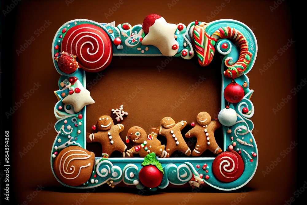 Poster a picture frame with a picture of a group of gingerbreads and candy canes on it and a candy cane. ge