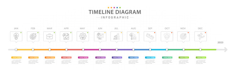 Fototapeta na wymiar Infographic template for business. 12 Months Timeline diagram calendar with modern icons, presentation vector infographic.