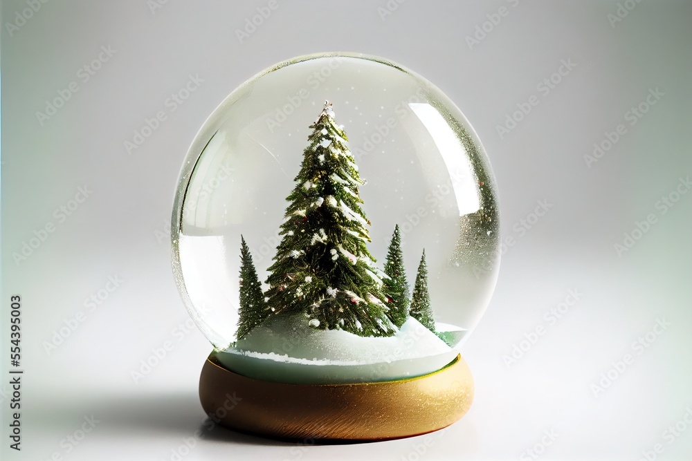 Poster a snow globe with a small christmas tree inside of it on a wooden base and a light green base. gener