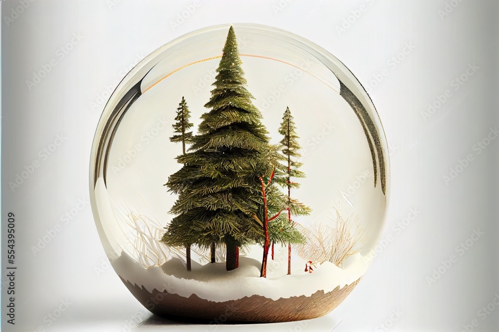 Poster a snow globe with a picture of a pine tree inside of it and snow on the ground below it. generative 