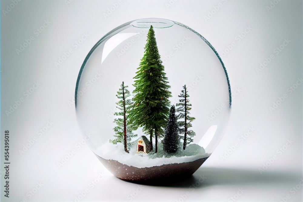 Poster a snow globe with a small house and trees inside of it. generative ai