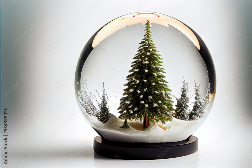 Poster a snow globe with a small christmas tree inside of it on a white background with a red light on the 