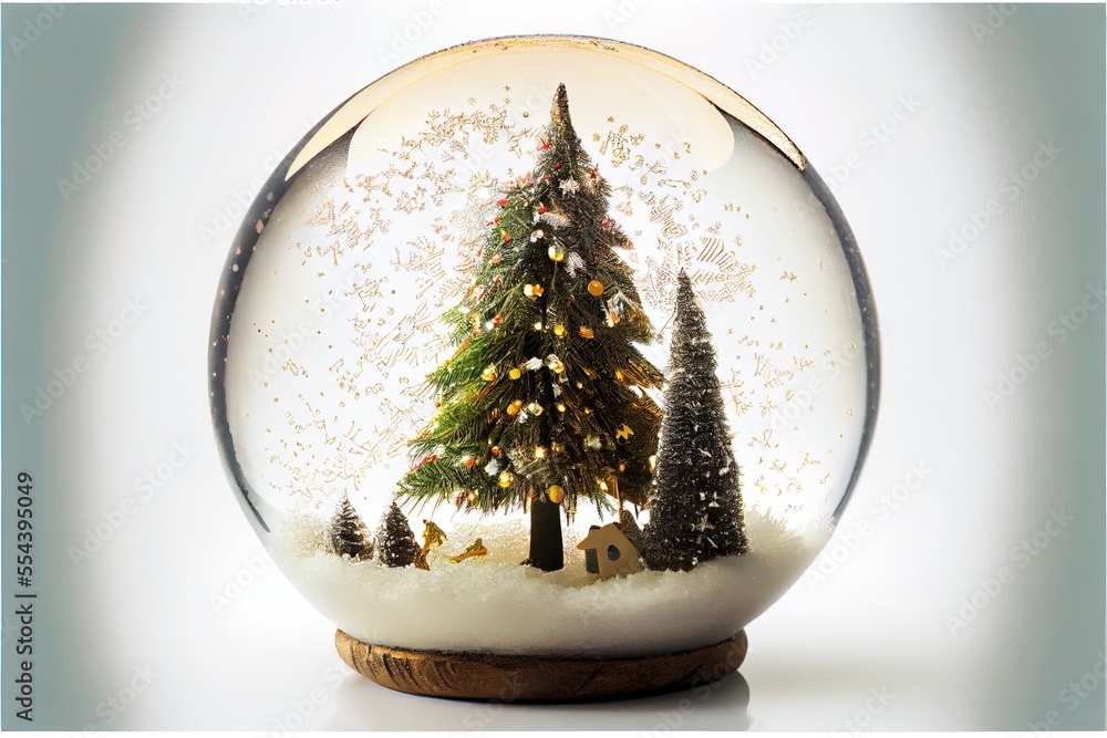 Poster a snow globe with a christmas tree inside of it and a small house inside of it with a christmas tree