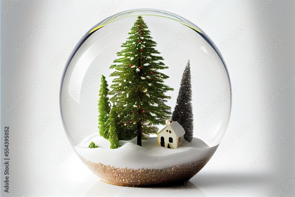Poster a snow globe with a small house and trees inside of it. generative ai