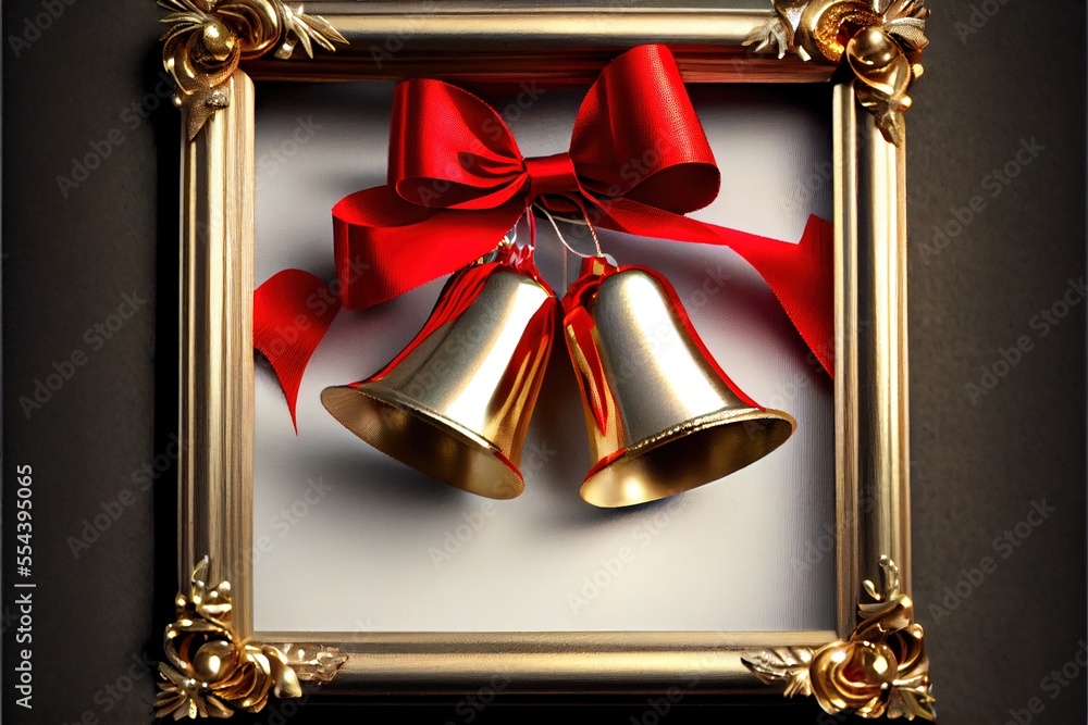 Poster a picture frame with two bells with a red bow on it and a red ribbon on the front of the frame. gene