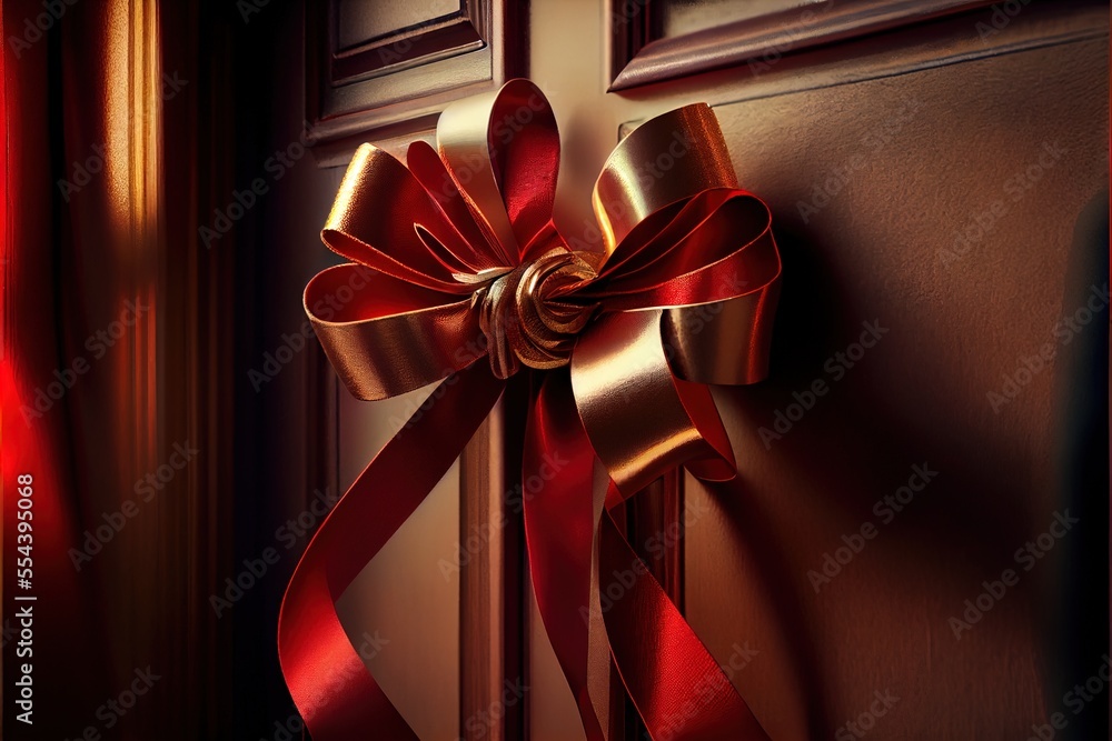 Poster a red ribbon tied to a door handle on a door handle with a red ribbon on it and a red door. generati