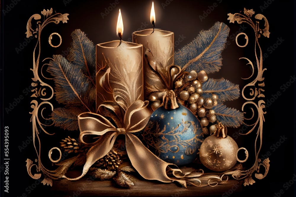 Poster a painting of a candle and ornaments on a table with a ribbon around it and a bow on the side. gener