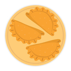 hand drawn empanada or fried pie snack on plate illustration. Typical Latino America and spanish fast food. Empanada in cartoon style