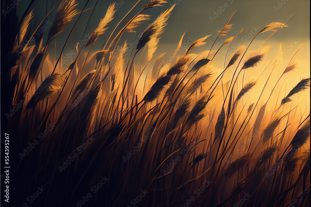 Poster  a field of tall grass with the sun setting in the background and a sky background with clouds and a few clouds. Generative AI