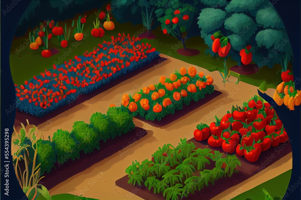 Poster a garden with lots of different types of vegetables and trees in the background. generative ai