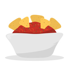 Nachos corn chips with red salsa sauce icon vector. Mexican corn tortilla chips with salsa dip icon isolated on a white background - obrazy, fototapety, plakaty