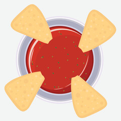 Nachos corn chips with red salsa sauce icon vector. Mexican corn tortilla chips with salsa dip icon isolated on a white background