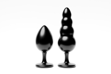 3D illustration, a collection of different types colorful  of sex toys, including dildo and   butt anal plugs on  white  background. - obrazy, fototapety, plakaty