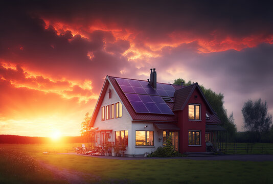 Photomontage of solar panels, photovoltaics, and a stunning sky with the setting sun. The home has a red roof. alternative energy supply sustainable resource concept. Generative AI