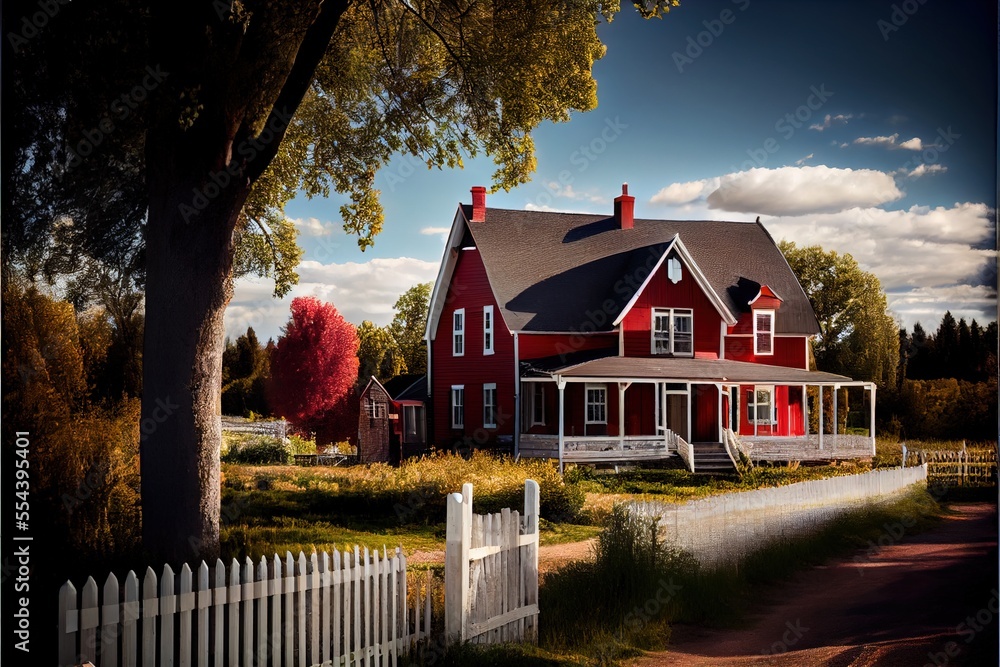 Poster a red house with a white picket fence and a tree in front of it and a white picket fence. generative