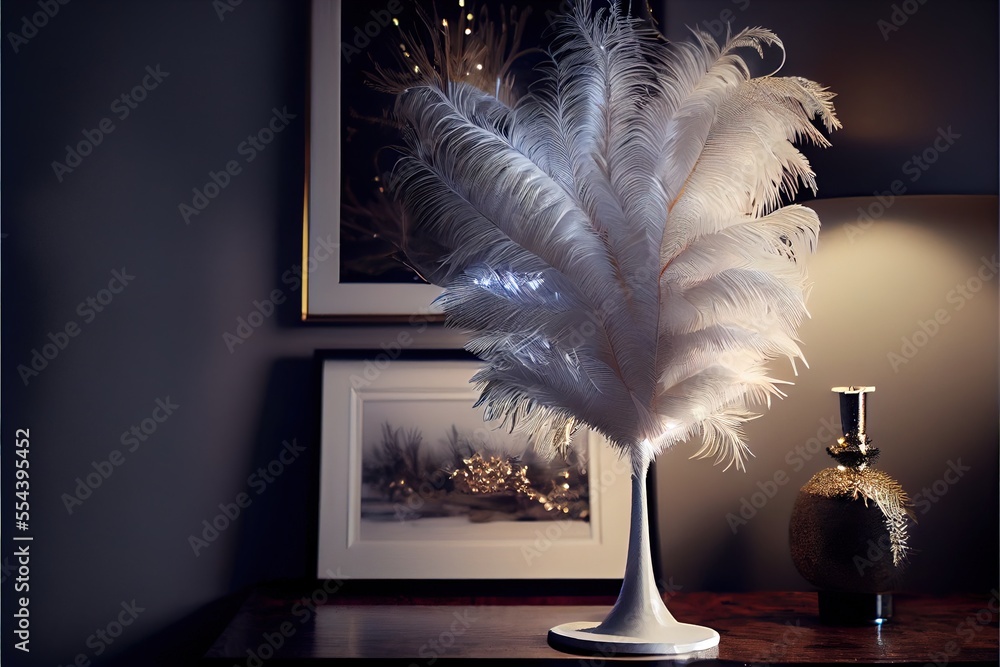 Poster a white feather is in a vase next to a picture of a tree and a lamp on a table. generative ai