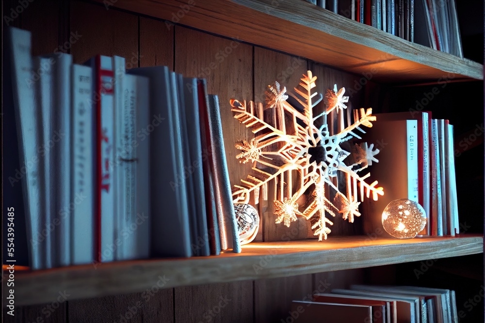 Poster a snowflake is sitting on a shelf next to books and a light bulb in a book case. generative ai