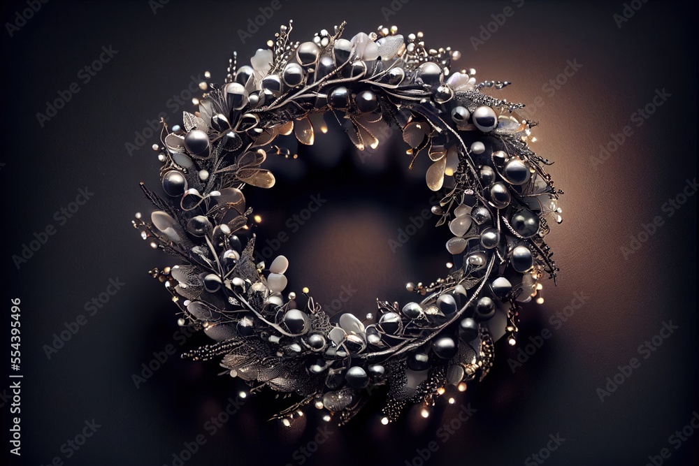 Poster a wreath with silver and silver ornaments on a black background with a light reflection on the botto