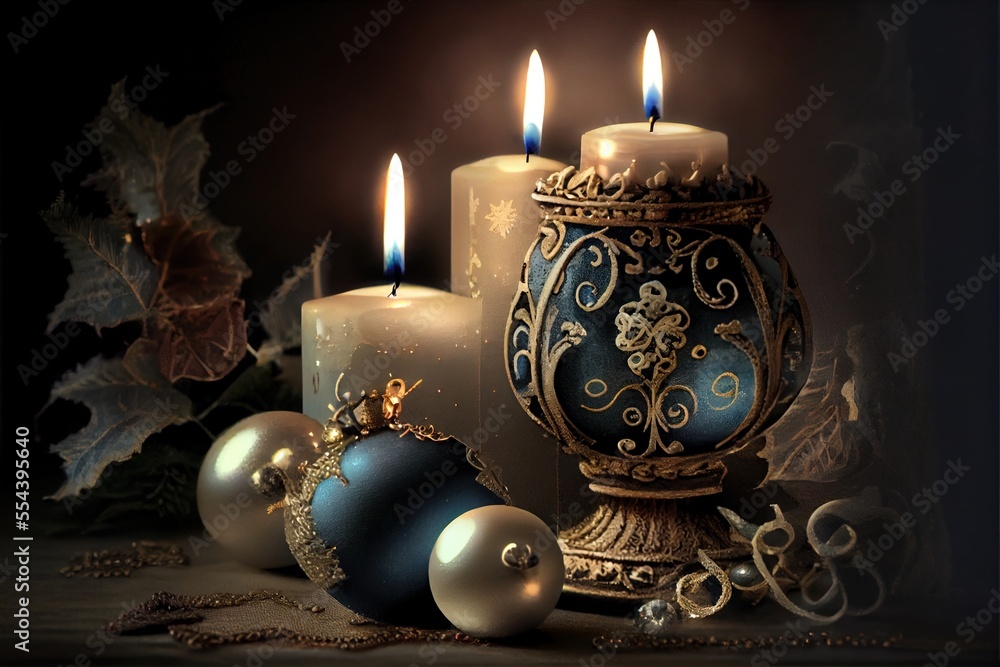 Poster a group of three candles sitting next to each other on a table with ornaments around them and a cand