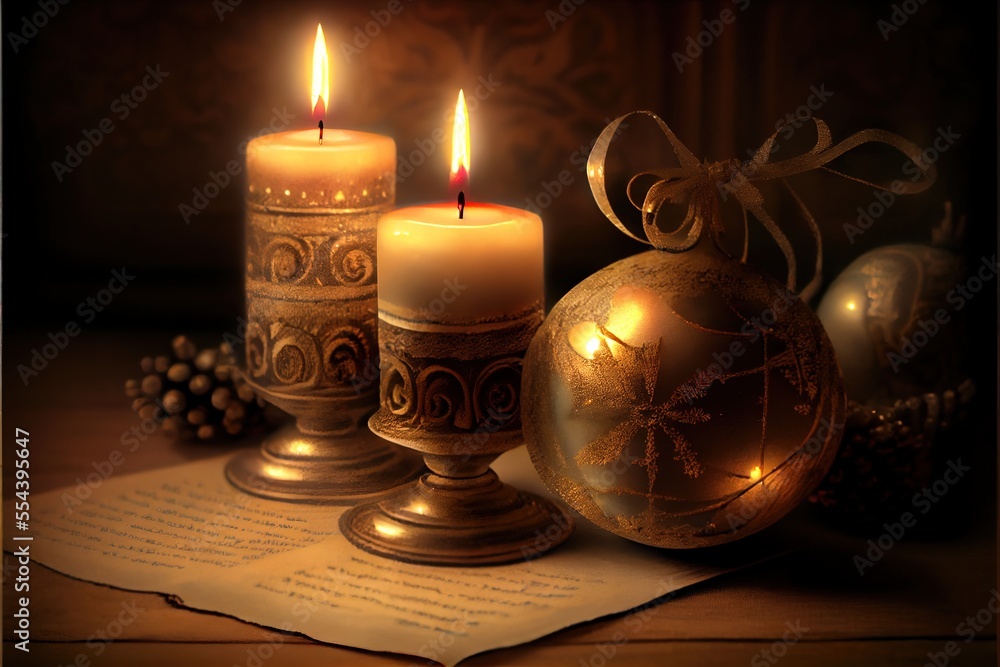 Poster a candle and some ornaments on a table with a sheet of paper and a ribbon on it with a candle. gener