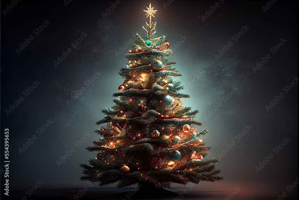 Poster a lit christmas tree with a star on top of it in a dark room with a star on top of it. generative ai
