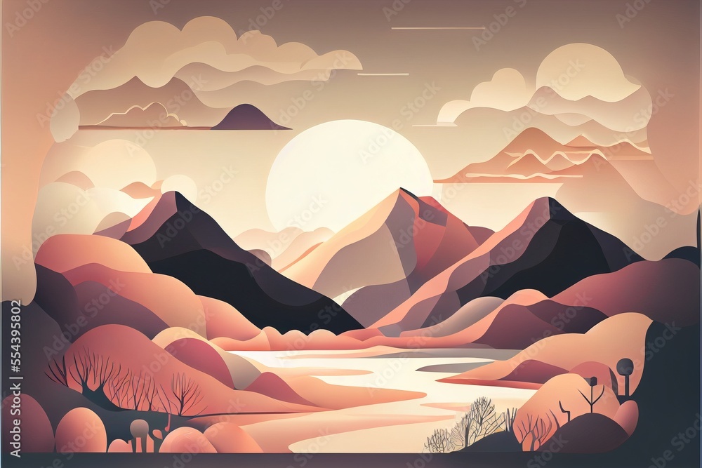 Poster a landscape with mountains and a lake in the middle of it with a sun setting in the distance and a f
