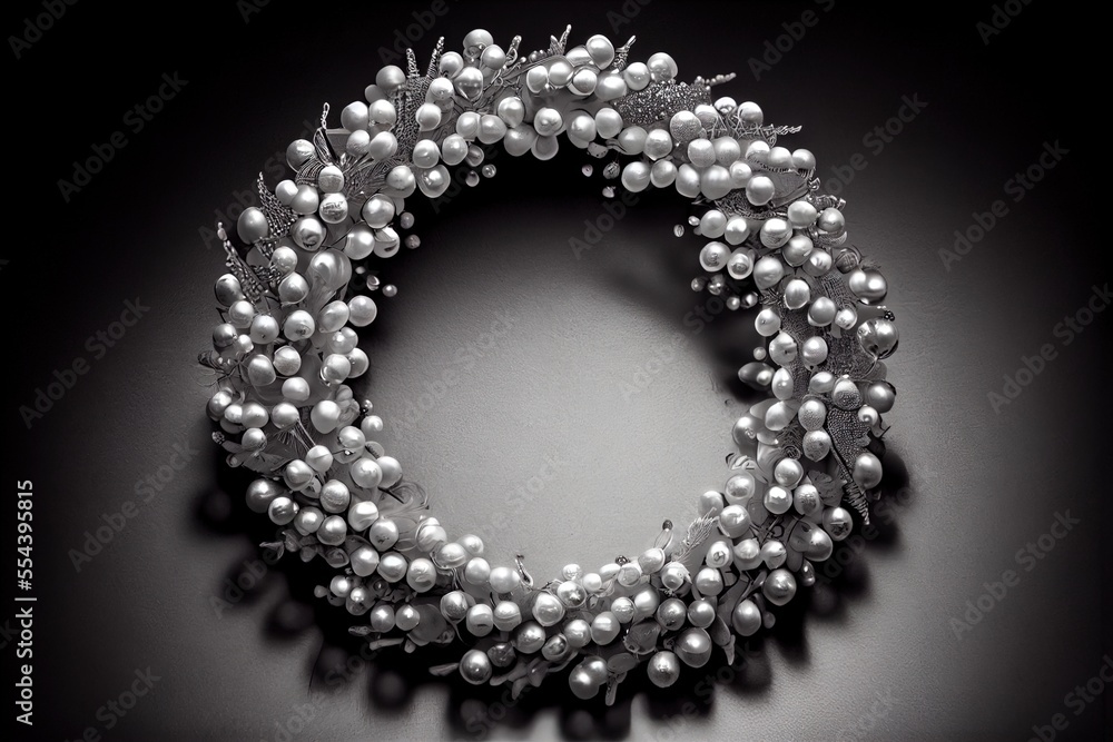 Poster a bunch of pearls are arranged in a circle on a table top with a black background and a white backgr