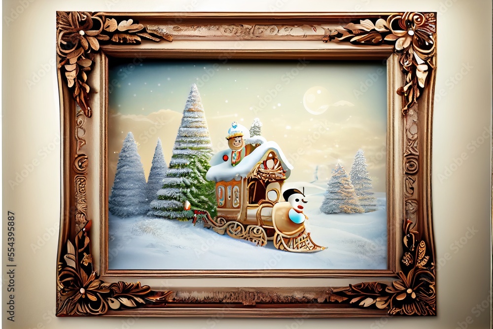 Poster a painting of a train with a snowman on it in a frame on a wall in a room. generative ai