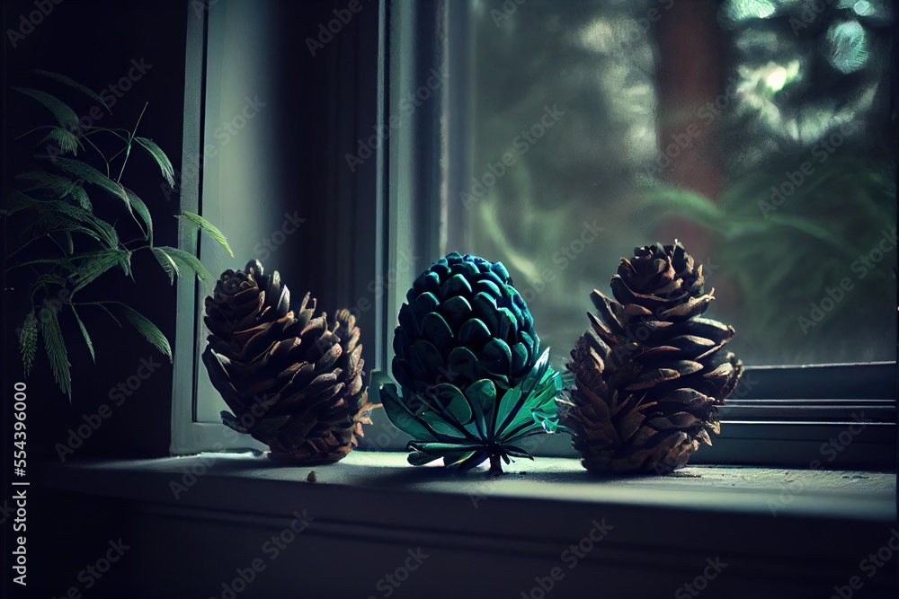 Poster three pine cones sitting on a window sill next to a plant in a vase on a windowsill. generative ai