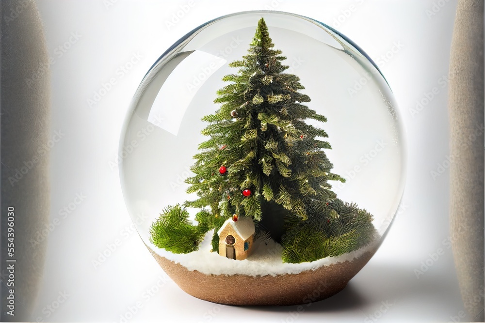 Poster a snow globe with a small house and a tree inside it. generative ai