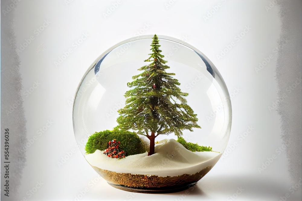 Poster a snow globe with a small tree inside of it on a table top with a white background and a white wall.