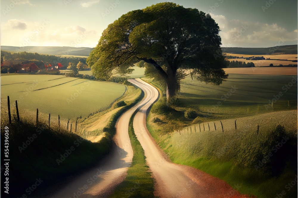 Poster a painting of a country road with a tree on the side of it and a field in the background. generative