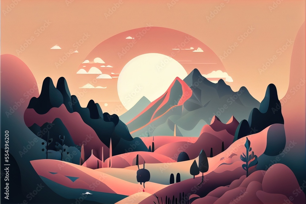 Poster a landscape with mountains and trees in the background with a sun setting in the distance with a pin