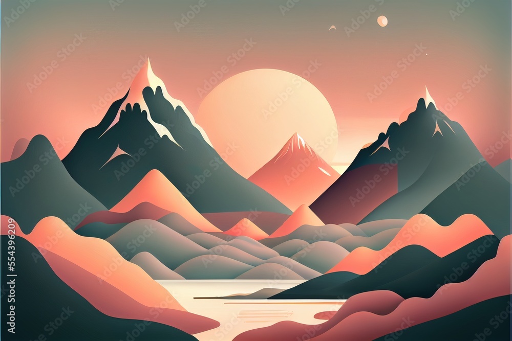 Poster  a painting of a mountain range with a lake in the foreground and a sun setting in the background. Generative AI