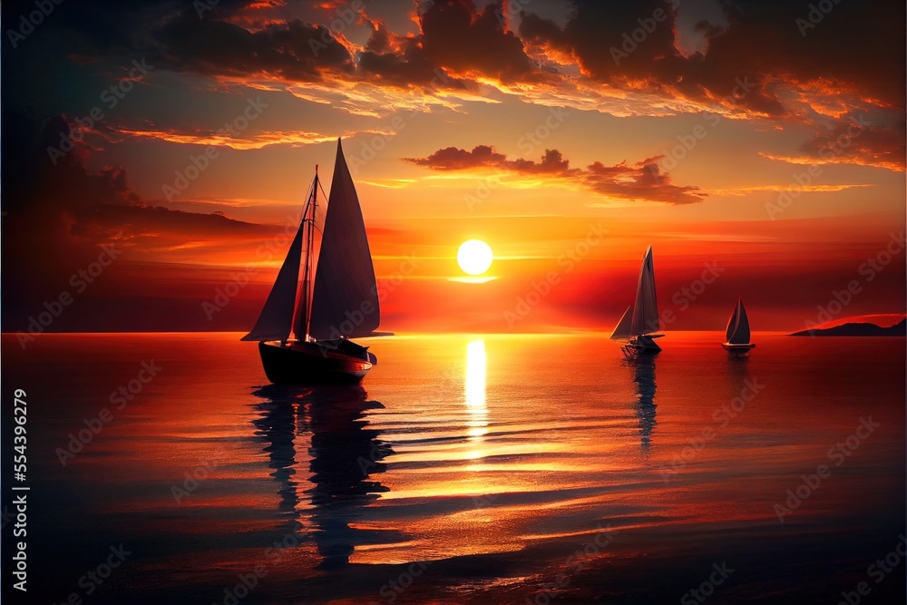 Poster a sunset with sailboats in the water and a sun setting in the background with clouds in the sky. gen