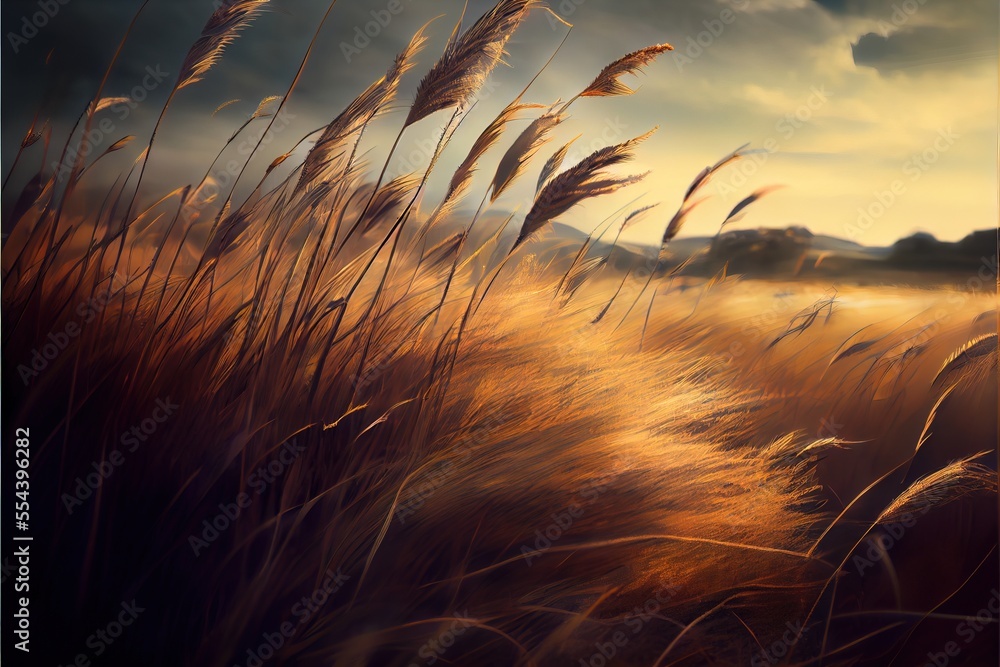 Poster a painting of a field with tall grass blowing in the wind and a cloudy sky in the background with a 