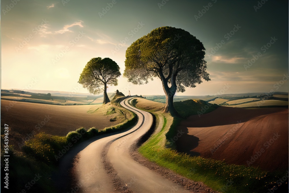 Poster a road winding through a field with two trees on either side of it and a house on the other side. ge
