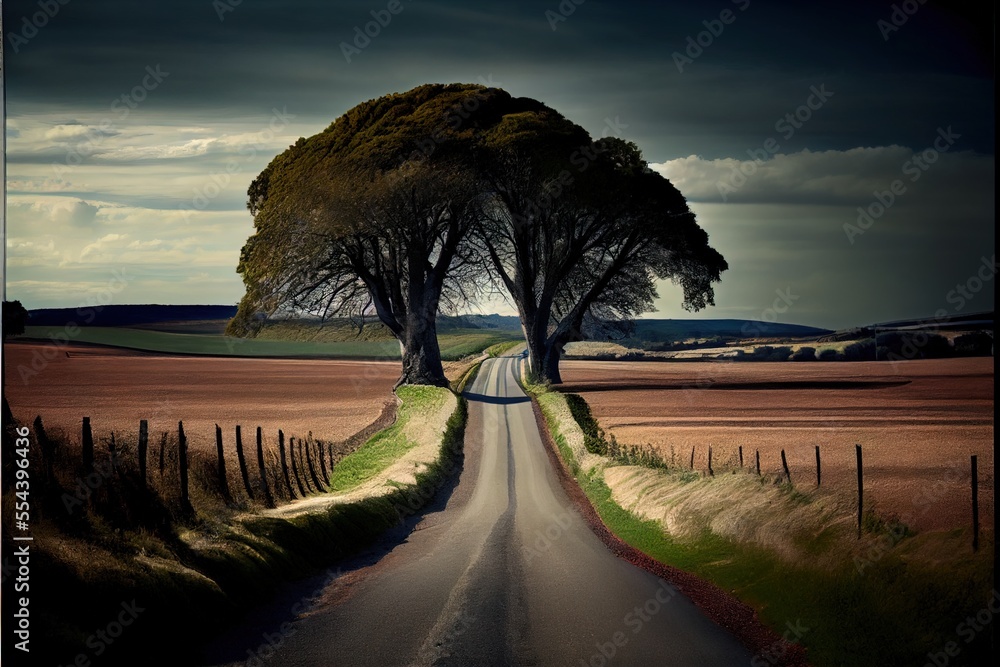Poster a road with two trees on both sides of it and a fence in the middle of the road to the right. genera