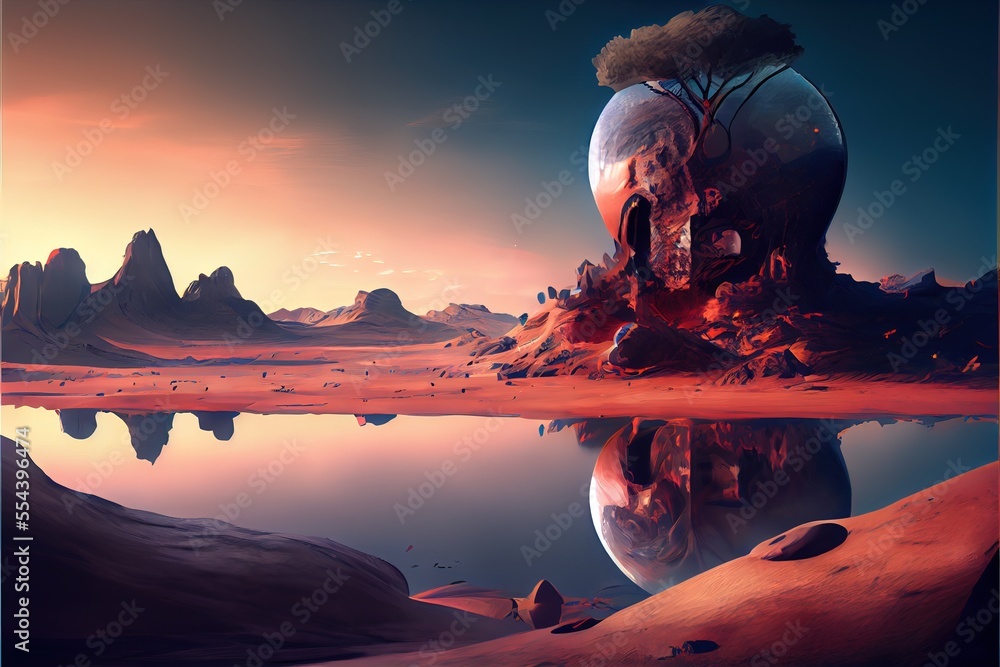 Poster  a surreal landscape with a lake and a tree in the middle of it. Generative AI