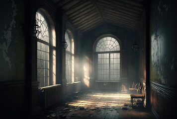 Fototapeta premium of a grungy, gloomy interior that is illuminated by side windows. Generative AI