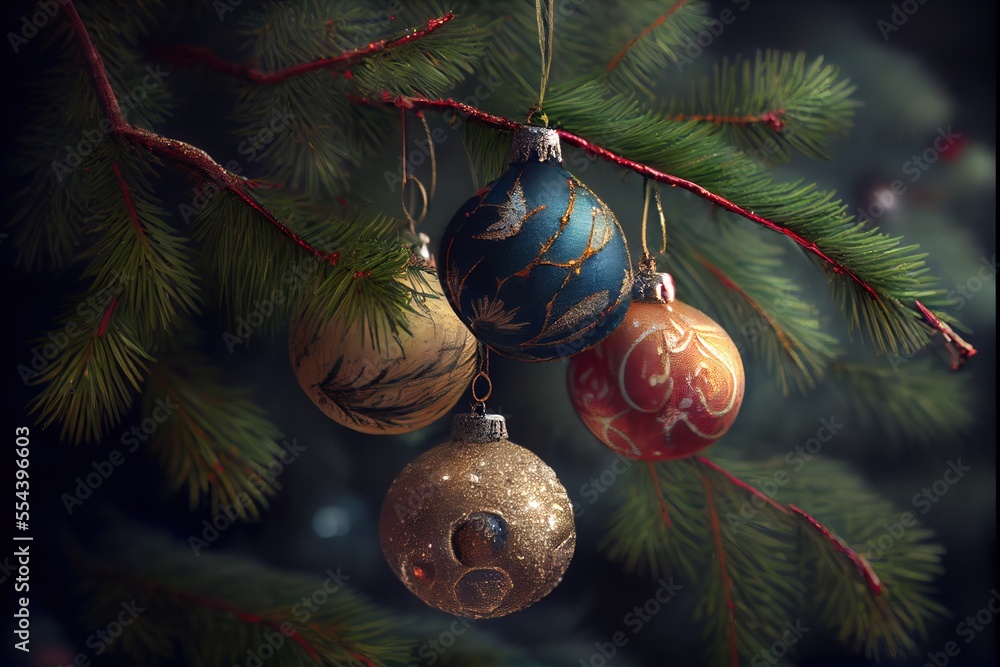 Poster a close up of three ornaments hanging from a tree branch with a dark background and a pine tree bran
