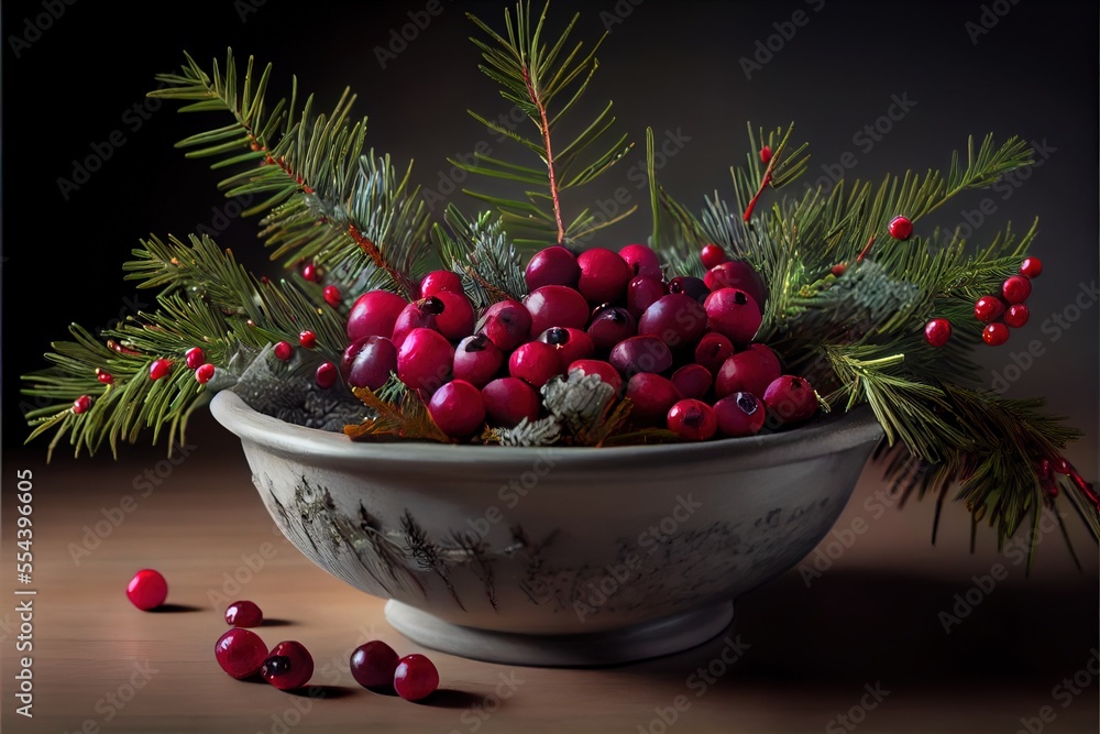 Poster a bowl of berries and pine needles on a table with berries and pine needles on the table and on the 