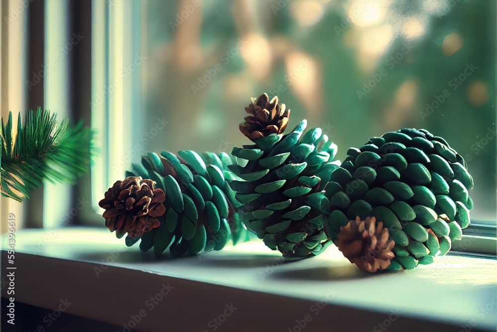 Poster a couple of pine cones sitting on top of a window sill next to a pine cone tree branch. generative a