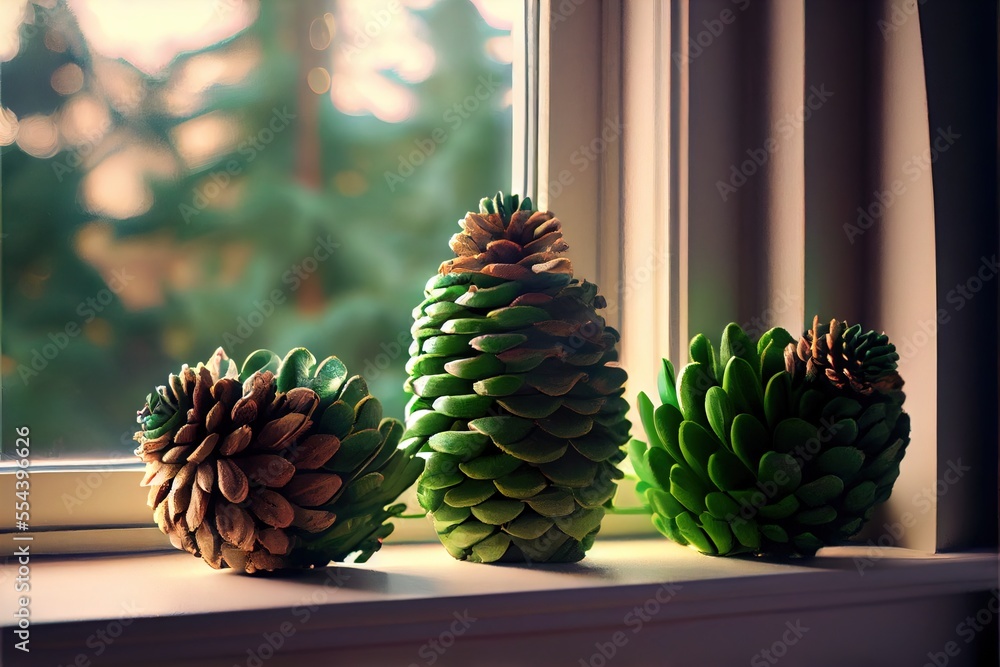 Poster three pine cones are sitting on a window sill near a window sill with a tree outside of it. generati