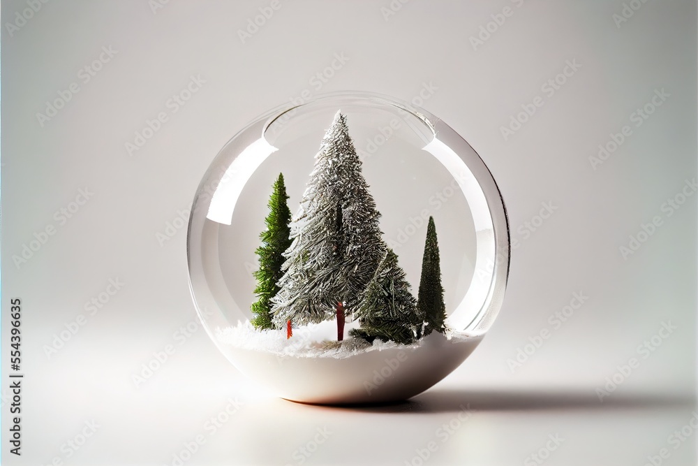 Poster a snow globe with trees inside of it on a table top with a light background and a blue border. gener