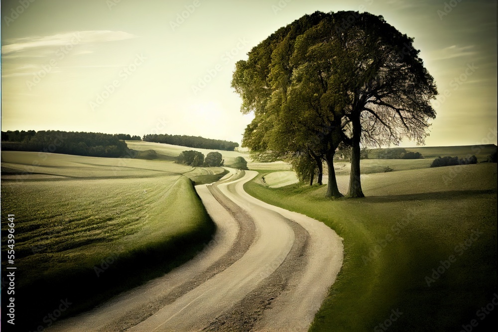 Poster a dirt road with a tree on the side of it and a grassy field in the background with a sun setting. g