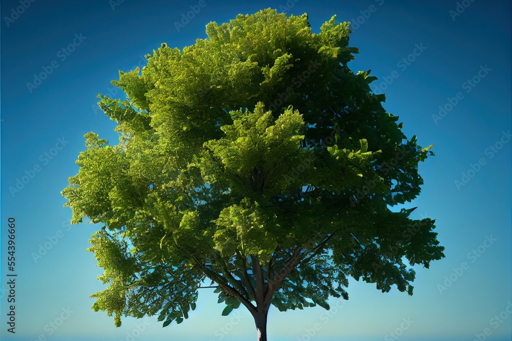 Poster a tree with a blue sky in the background and a bench under it in the foreground. generative ai