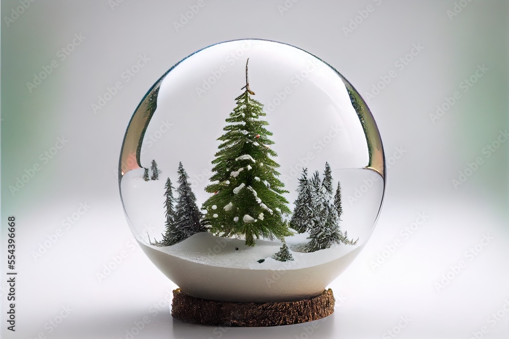 Poster a snow globe with a small tree inside of it on a wooden base and a white background with a green bor