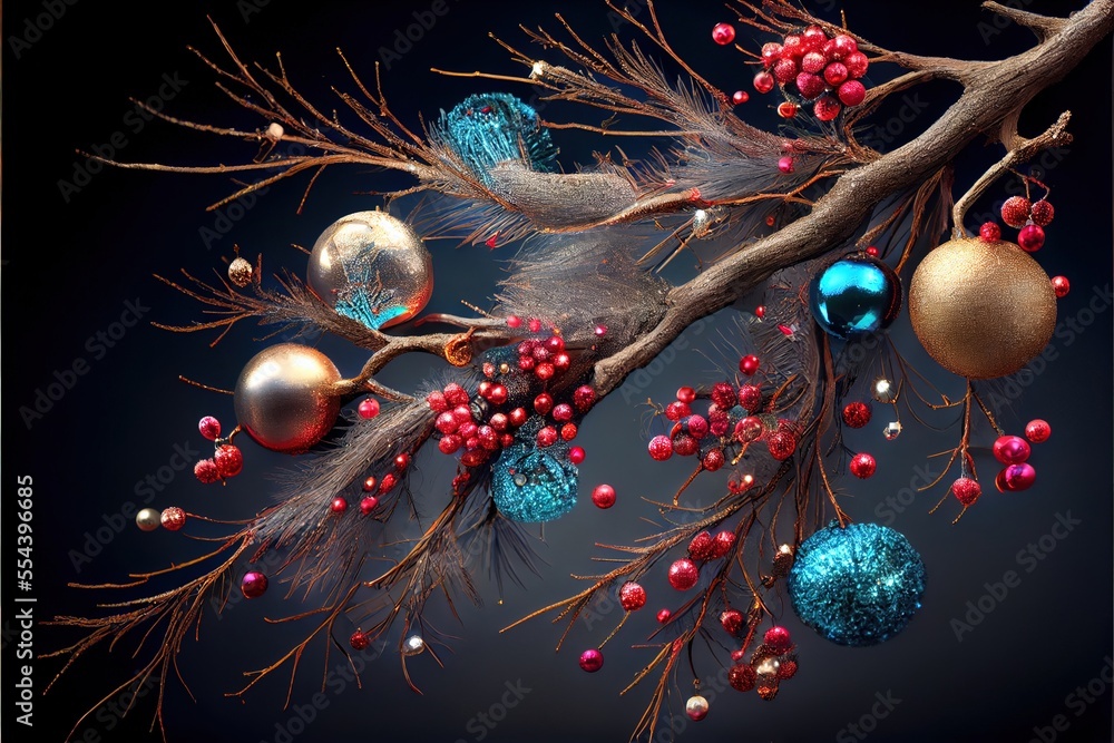 Poster a branch with ornaments hanging from it and a blue background behind it with a black background and 