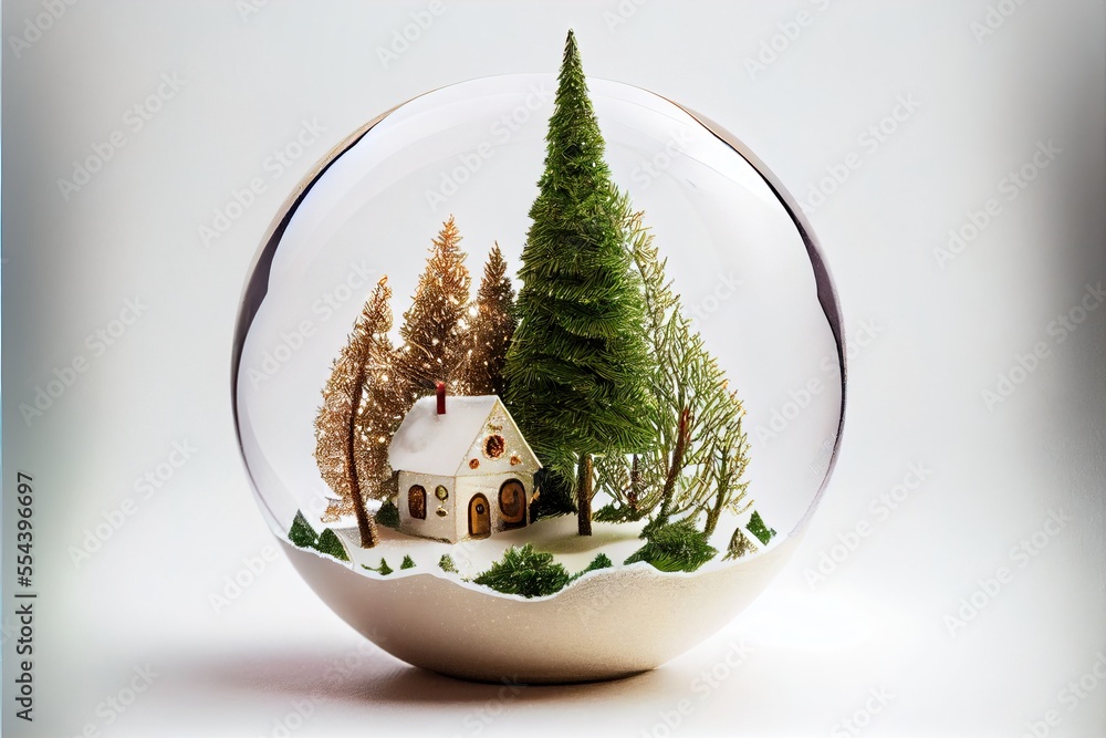 Poster a snow globe with a house and trees inside of it. generative ai